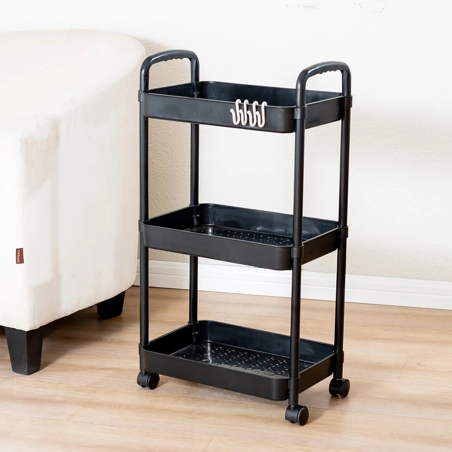3 Tier Rolling Cart with Wheels and Handle for Office Living Room Laundry Room Kitchen Bathroom Black