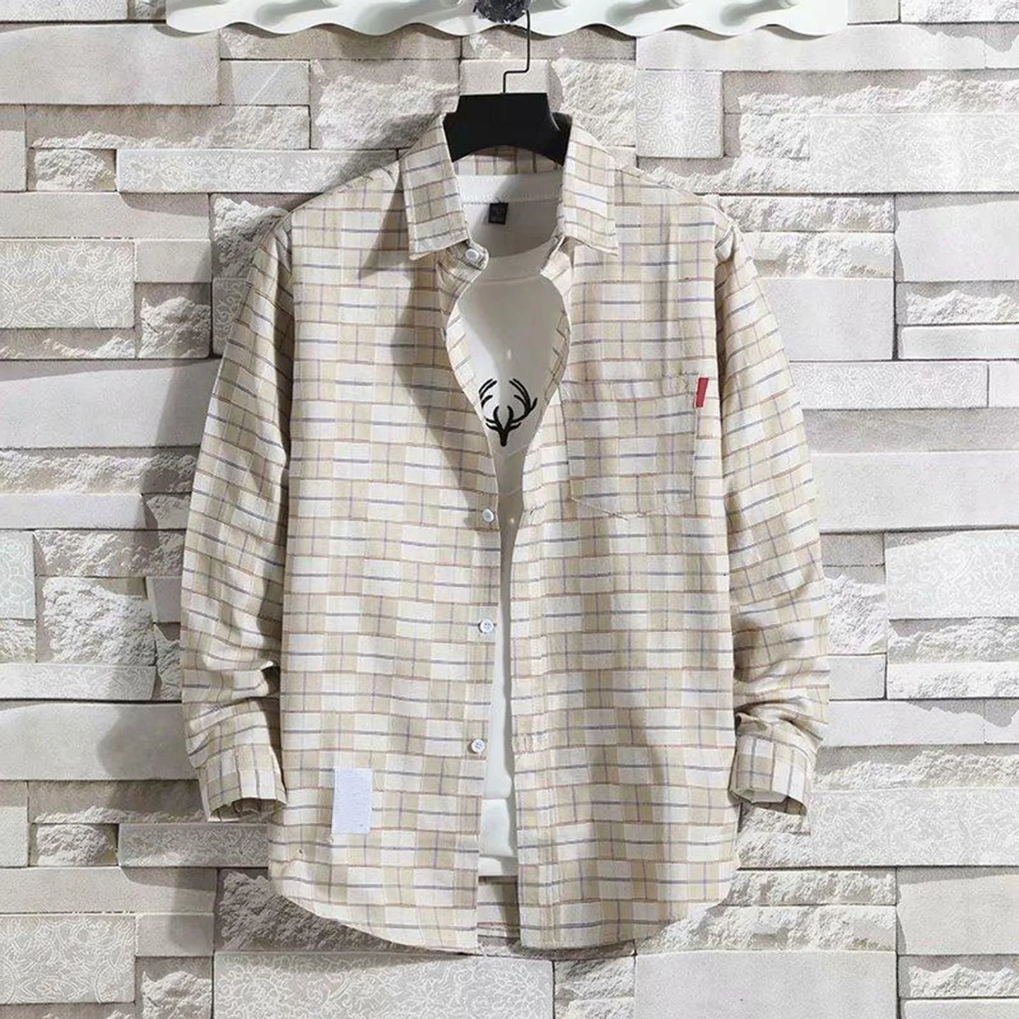 Harajuku Style Yellow Plaid Shirt For Men And Women Casual Loose Fit Long Sleeve British Fashion Trendy Couple Clothing