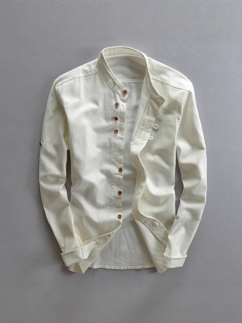 Casual Linen Men's Shirt Gentleman Style Stand Collar Spring New Arrival Wish Cotton Linen Shirt Comfortable Loose Fit Long S...