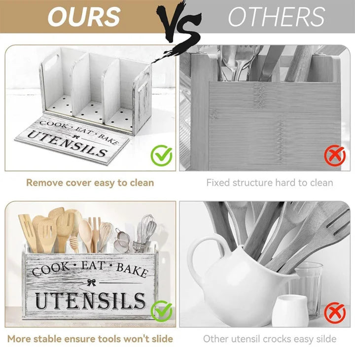 5 Pieces Set Wooden Cutlery Box with Compartments for Kitchen Counter Storage Fork and Spoon