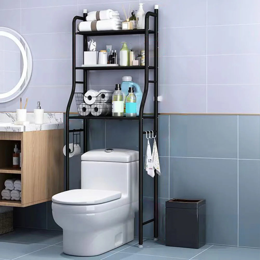 Over The Toilet Storage Metal Organizer Rack With Towel Hooks And Paper Holder Three Tier Bathroom Shelf