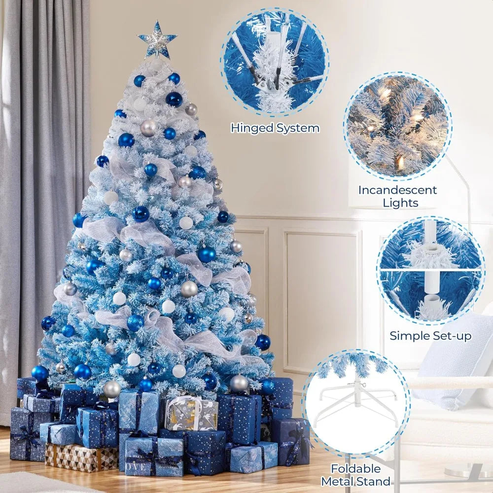 6ft Snow-Covered Pre-lit Christmas Tree with 250 Warm White Lights - Fully Decorated Flocked Xmas Tree