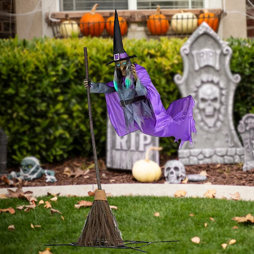 Flying Witch Decoration with Terrifying Sounds and Lights Halloween Props for Garden Yard Lawn Indoor