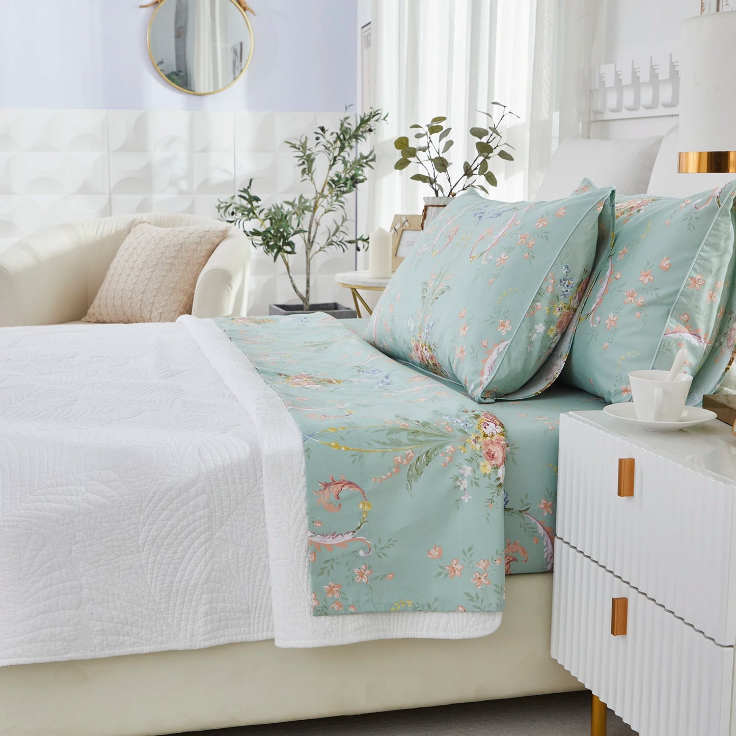 4 Pieces 600 TC 100 Percent Egyptian Cotton Fitted Sheet Set Floral Luxury Shabby Chic Soft and Skin Friendly