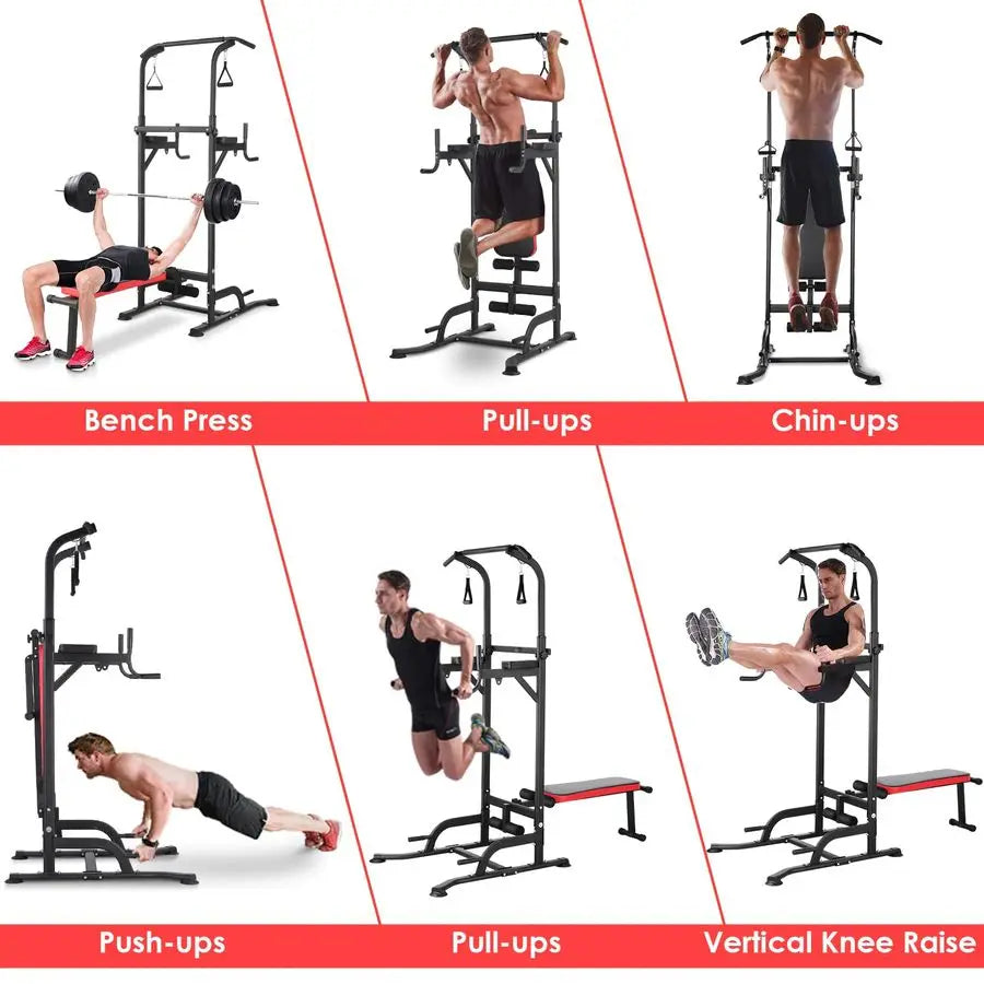 Power Tower with Bench, Pull Up Bar Stand, Dip Bar w Folding Bench 4 Ropes Strength Training, MultiFunction Fitness Customizable