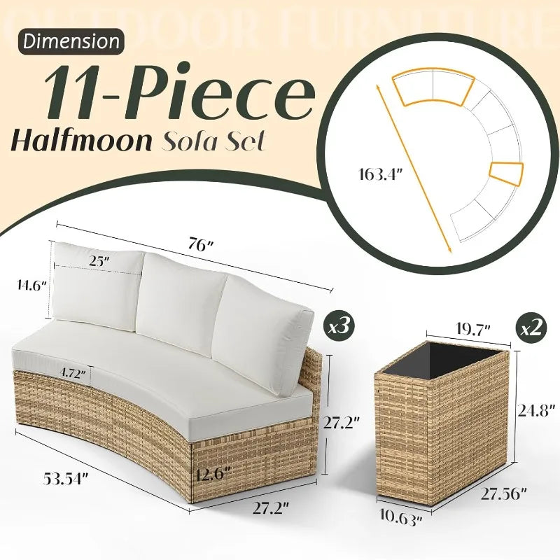 PaPaJet Patio Furniture Set, Half-Moon Wicker Sectional Sofa with Cushions, Waterproof Rattan Outdoor Conversation Set