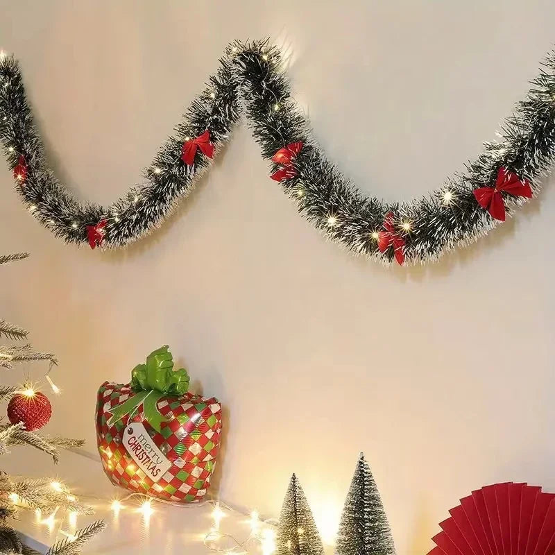 Christmas Tinsel Garland Artificial Christmas Garland With LED Lights Xmas Metallic Twist Hanging Garland Fireplace 2m