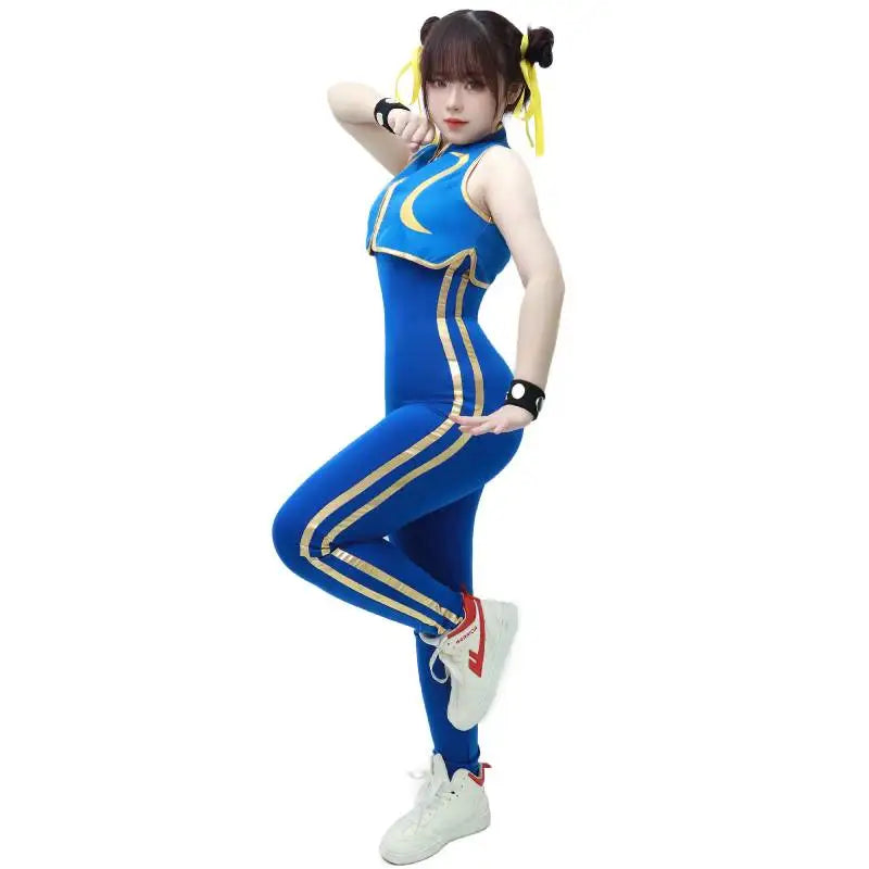Dazcos Chun Li Cosplay Costume Women's US Size Blue Cheongsam Halloween Fighter Bodysuit with Bracelet and Hair Ties