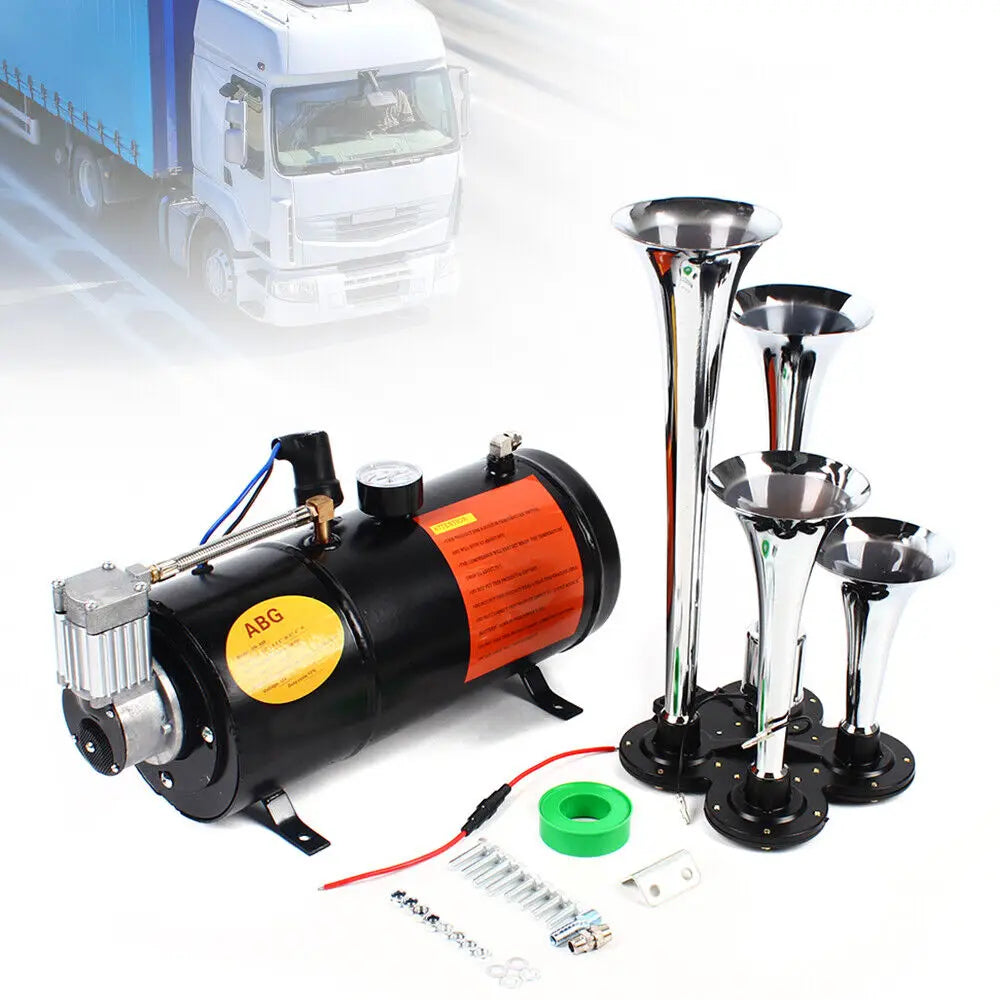 4 Trumpet Air Horn 150 PSI Air Compressor Tubing 12V 150dB Train Kit for Truck and Boat