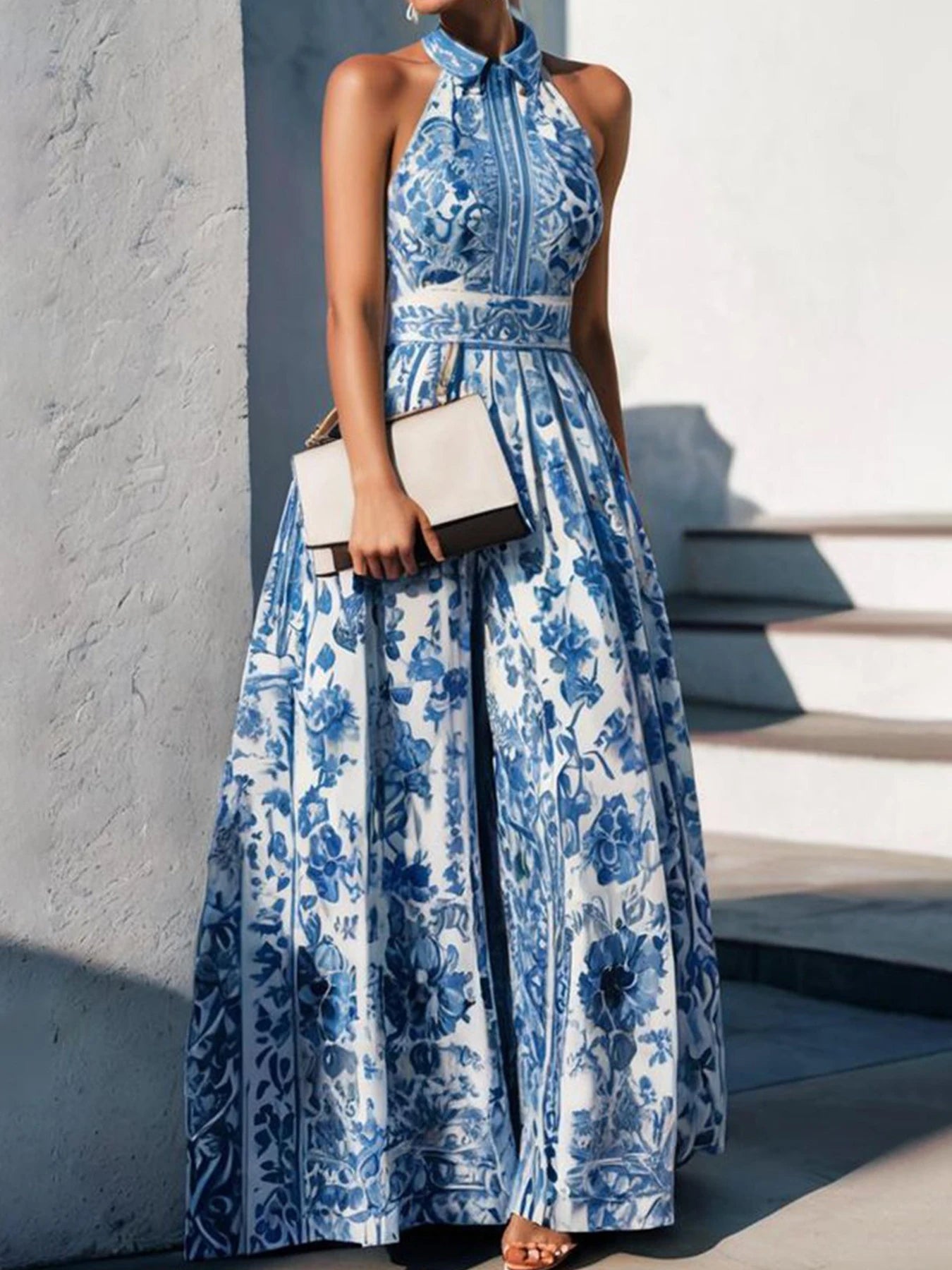 2025 New Blue and White Floral Print Women's Long A-Line Dress, Open Chest Collar and Waist-Cinching Elegant Dress