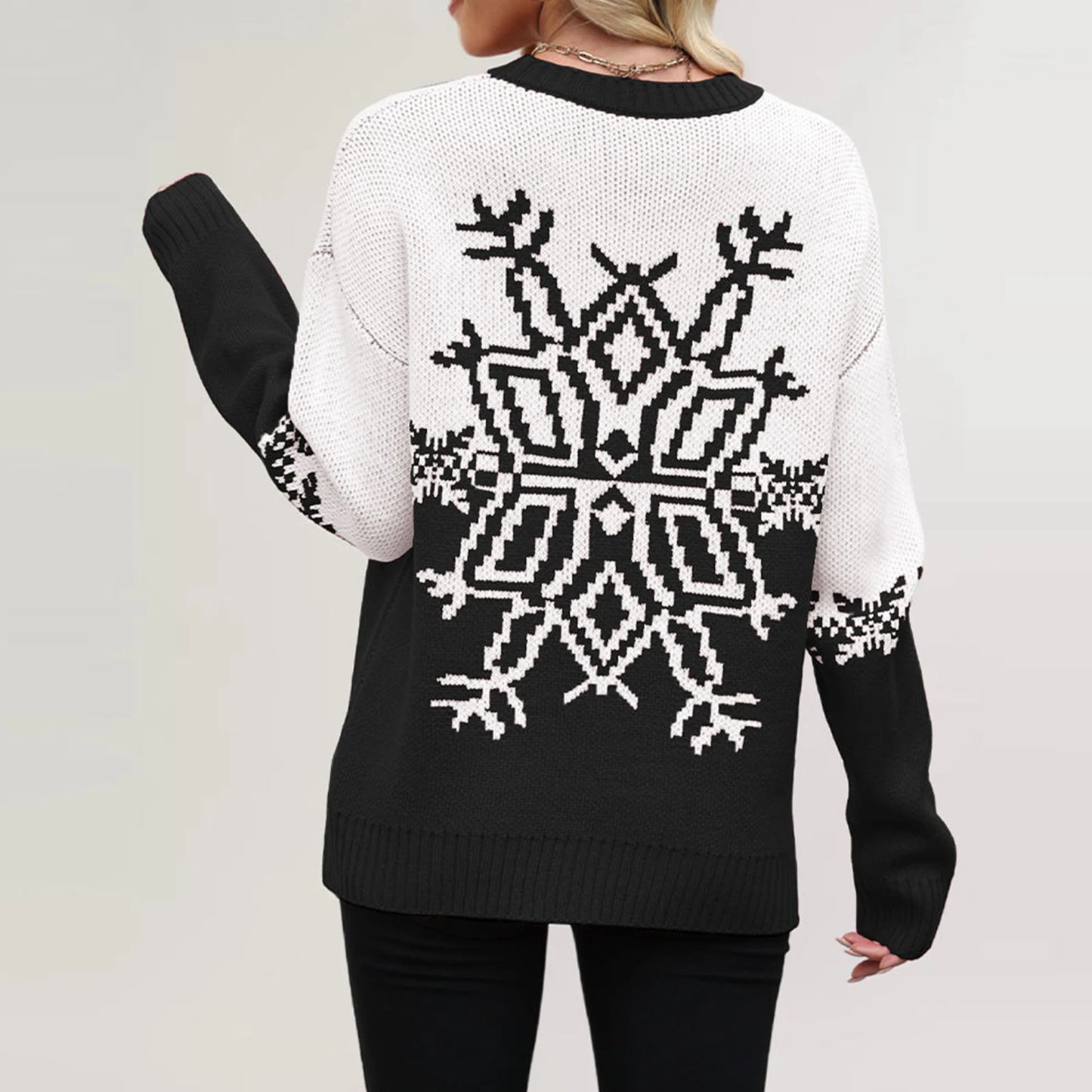 Women'S Fashionable Round Neck Long Sleeved Christmas Snowflake Sweater Casual Pullover Knitted Sweater Top Ropa De Mujer