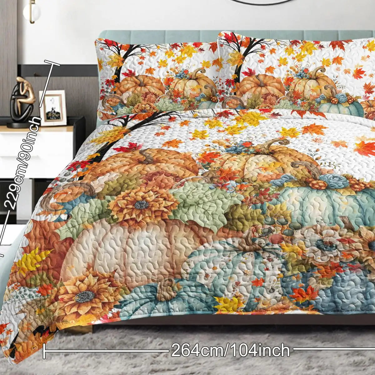 Colorful Pumpkin Oil Painting Quilt Set - 3 Piece Queen Bedding with 2 Pillowcases for Fall and Thanksgiving Gift