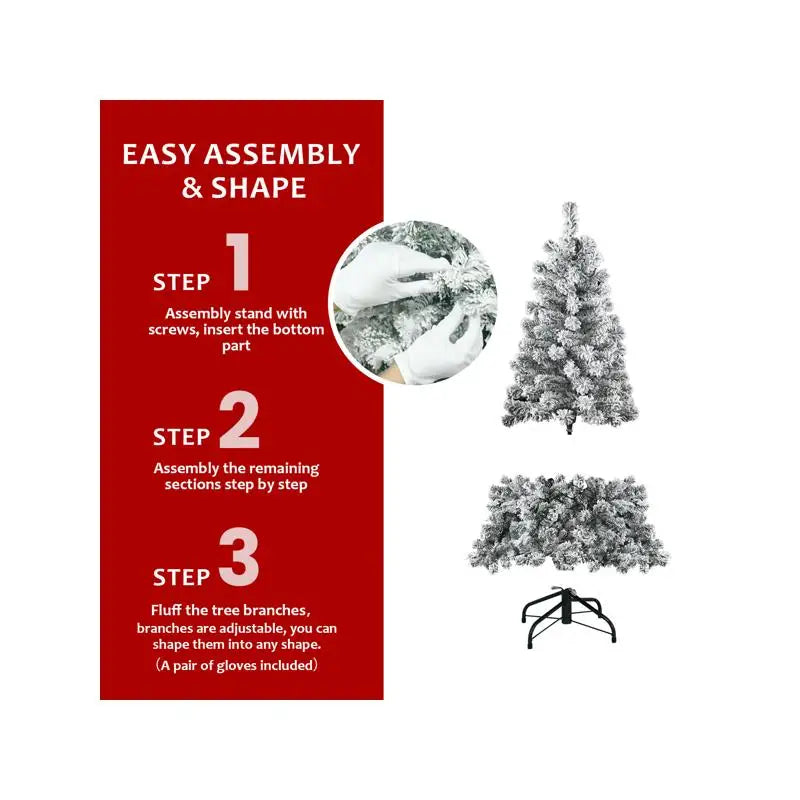 6ft Flocked Christmas Tree, 678 PVC Branch Tips, Round Top, Foldable Base for Indoor Holiday Decor