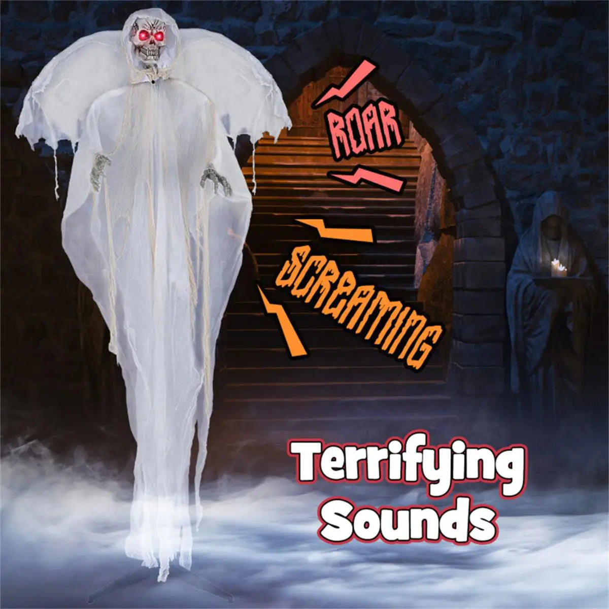 8.3ft Halloween Haunted Angel with Glowing Eyes and Moving Wings Spooky Decoration