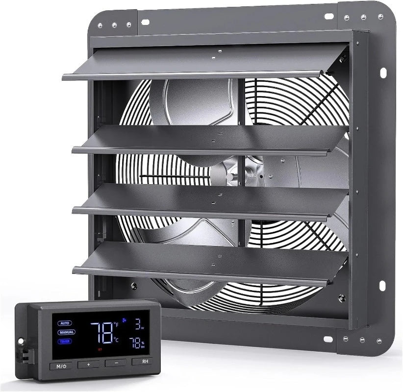 14" Wall Mounted Shutter Exhaust Fan, Automatic Shutter, Temperature and Humidity Controls with Variable Speed, 1200 CFM