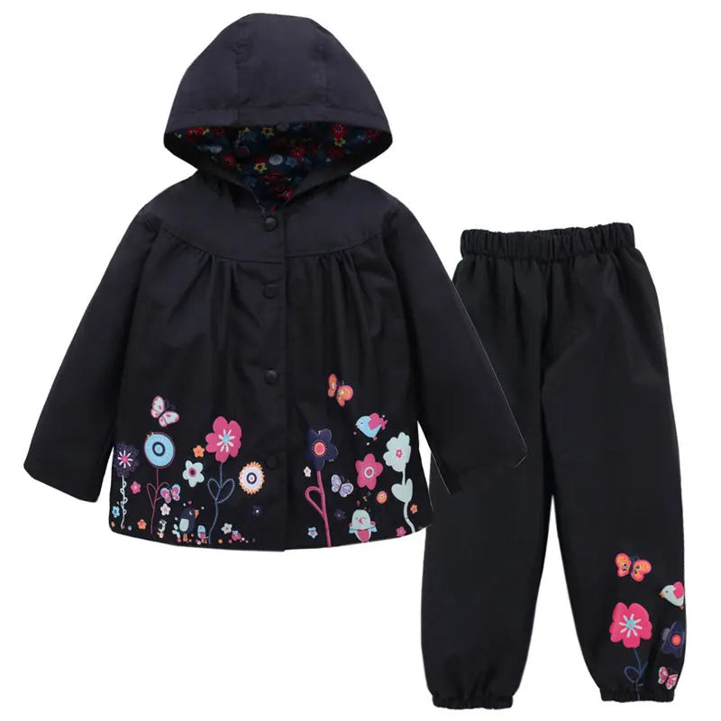 Autumn Spring Children Waterproof Long Sleeve Coat+Pants 2pcs Flower Print Baby Girls Clothes Toddler Boys Children Sets Costume