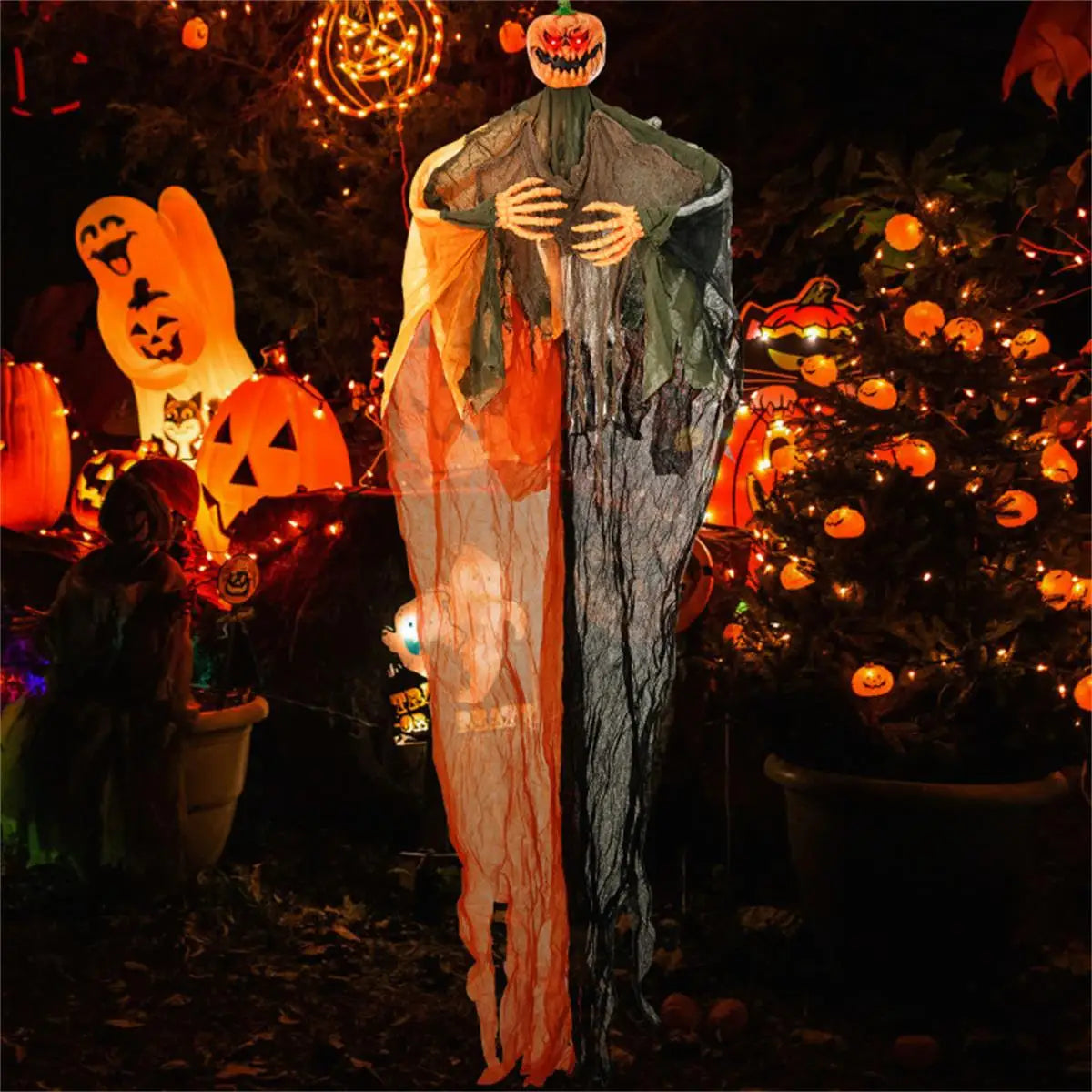 6FT Bendable Pumpkin Ghost Halloween Decoration with Hanging Arms and Red LED Lights for Spooky Party Decor