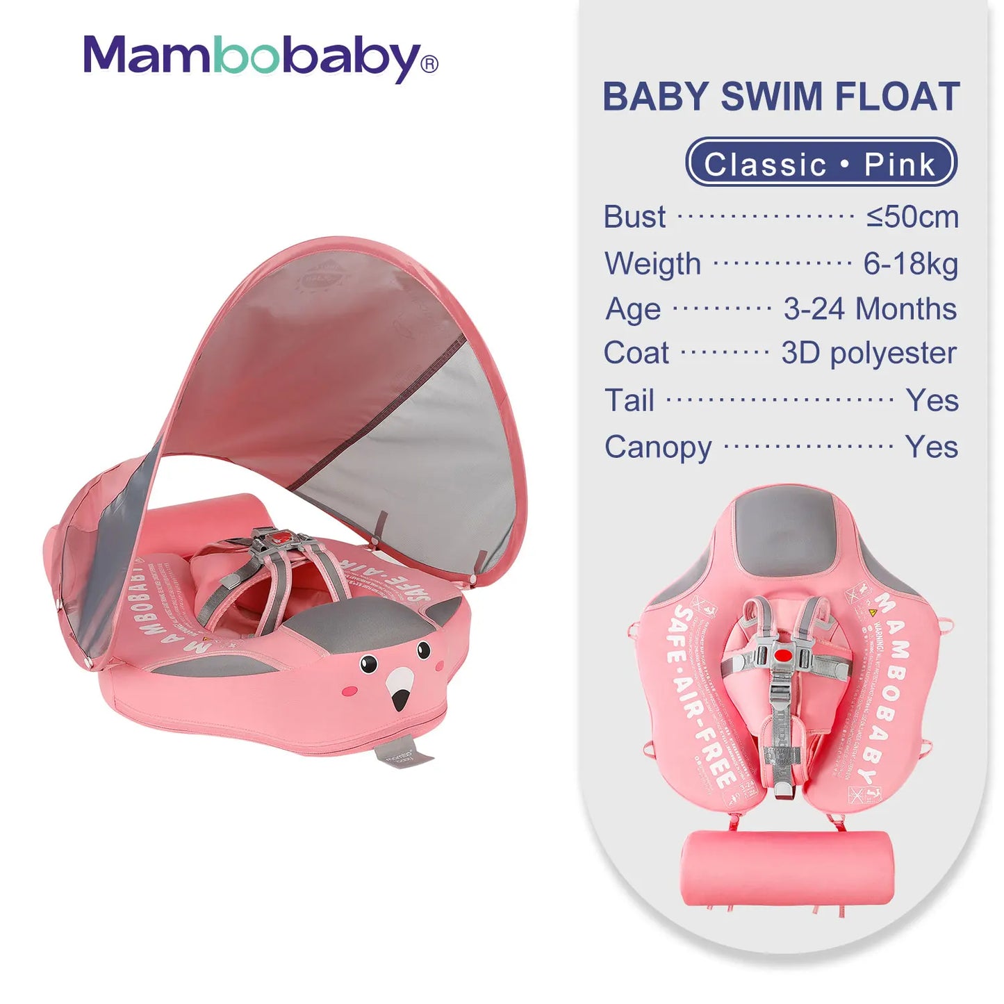 Mambobaby Baby Float with Sunshade Canopy and Crotch Strap Inflatable Safe Core Swimming Pool Accessory