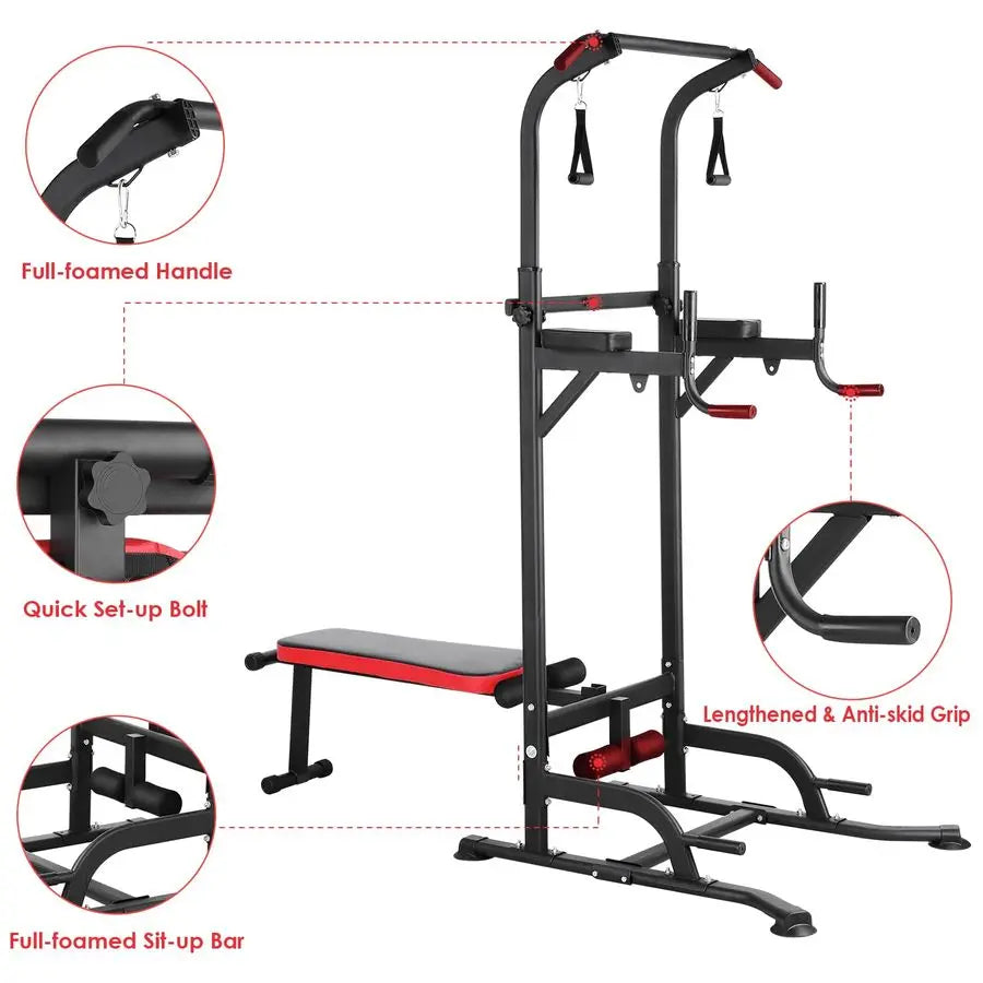 Power Tower with Bench, Pull Up Bar Stand, Dip Bar w Folding Bench 4 Ropes Strength Training, MultiFunction Fitness Customizable