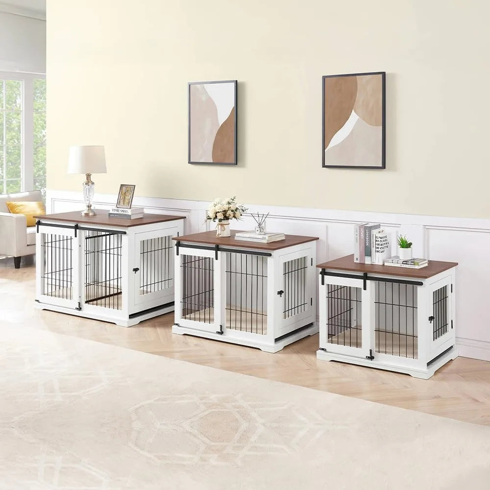 Dog Crate Furniture With Sliding Barn Door Stylish Double Doors Wooden Kennel With Tray And Cushion Decorative Indoor Pet House