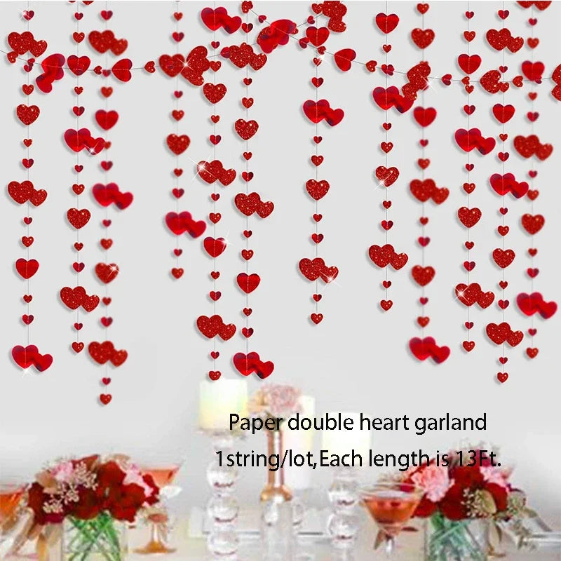 Glitter Red Wedding Decoration Heart Banner Garlands Hanging Streamers for Anniversary Engagement Bridal Shower Birthday Party