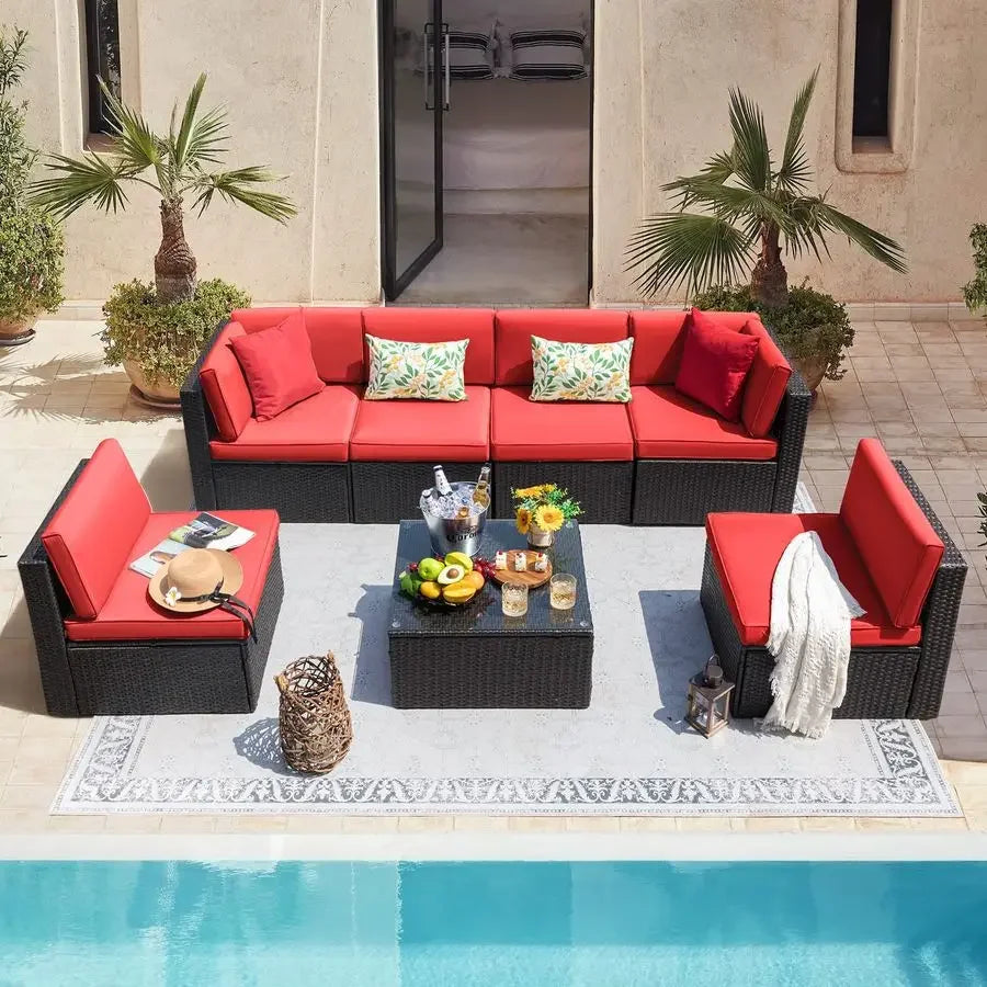 7 Pieces Outdoor Sectional Sofa Patio Furniture Sets Manual Weaving Wicker Rattan Patio Conversation Sets with Cushion and Glas