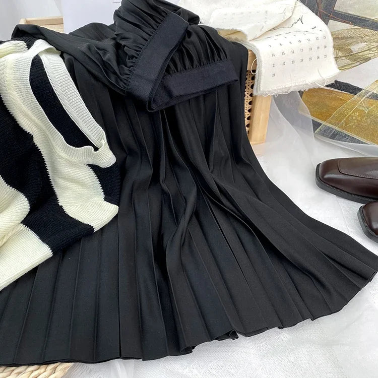 2025 Women Elegant Pleated Skirt High Waist Women Mid-long Skirt Female Ladies High Quality Women Midi Skirt Black Saia