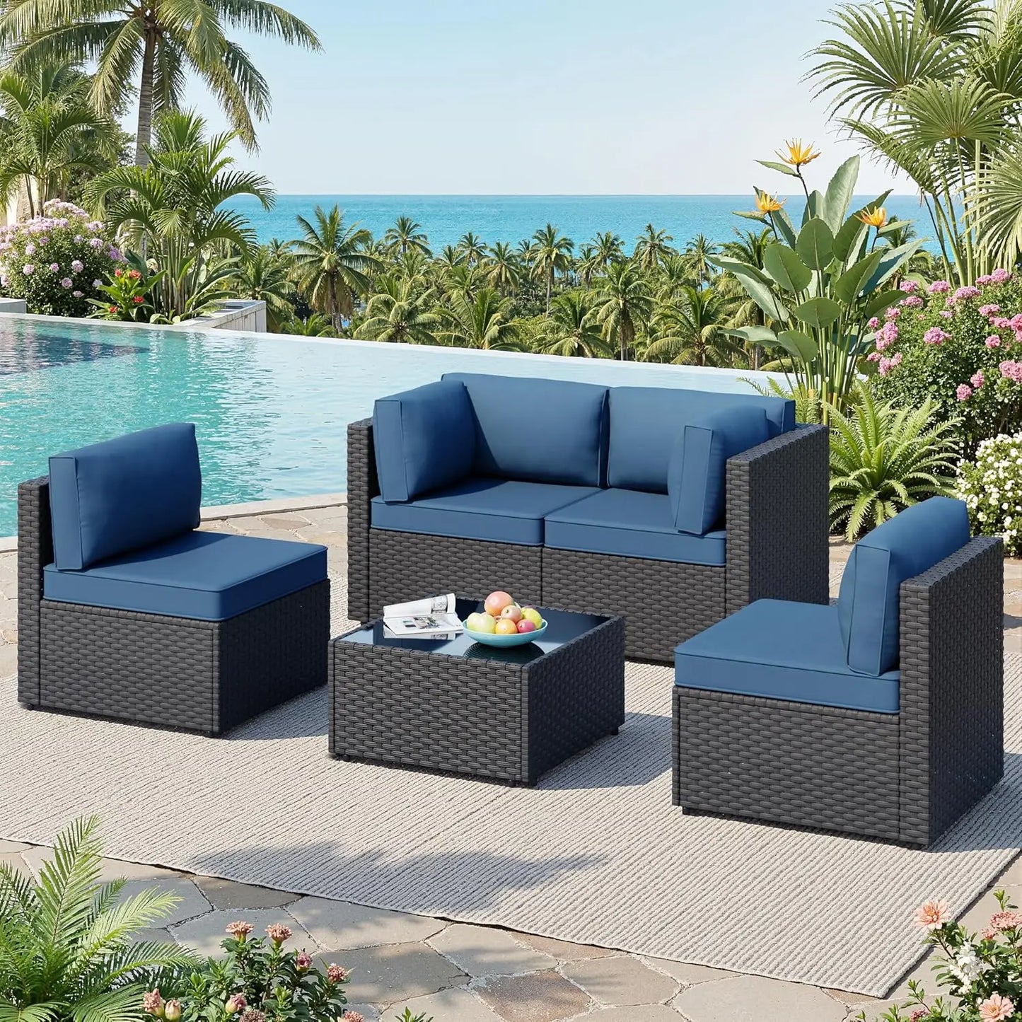 Patio Furniture Sets, 5-Piece Outdoor Patio Furniture with Thick Cushions, Wicker Outdoor Conversation Set, Customized