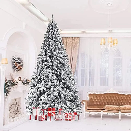 9FT Snow Flocked Pine Christmas Tree Premium PVC Branches Stand Indoor Outdoor Glamorous Decoration Easy Assembly Sparkly and