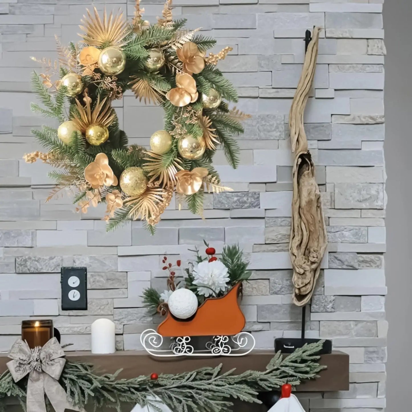 Christmas Wreath Outdoor 19 Inch Winter Christmas Decorations Golden Ball Pine Front Door Wreath for Wall Fireplace Bedroom