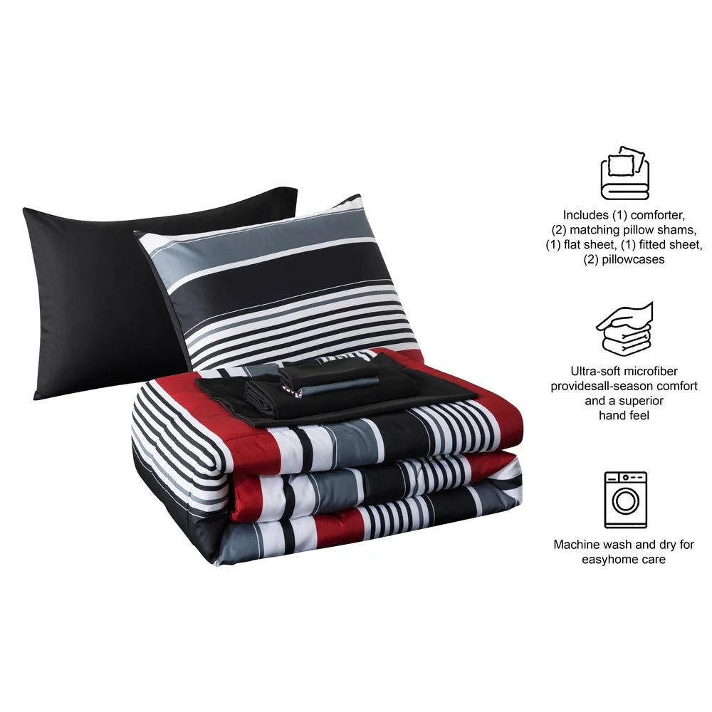 7 Piece Reversible Comforter Set With Sheets Soft Polyester Bedding Full Size Unisex Cozy Design Easy Care Storage Bag