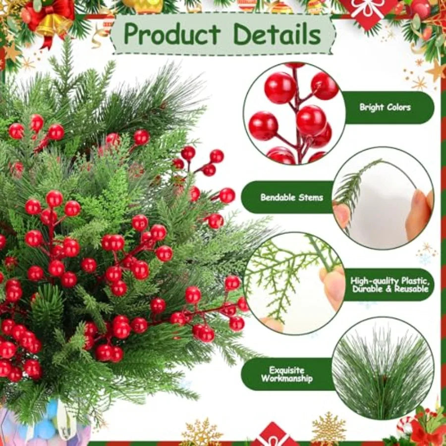 70PCS Artificial Pine Branches Christmas Greenery Artificial Pine Needles Branches with Red Berry Stems Fake Pine Branches Set