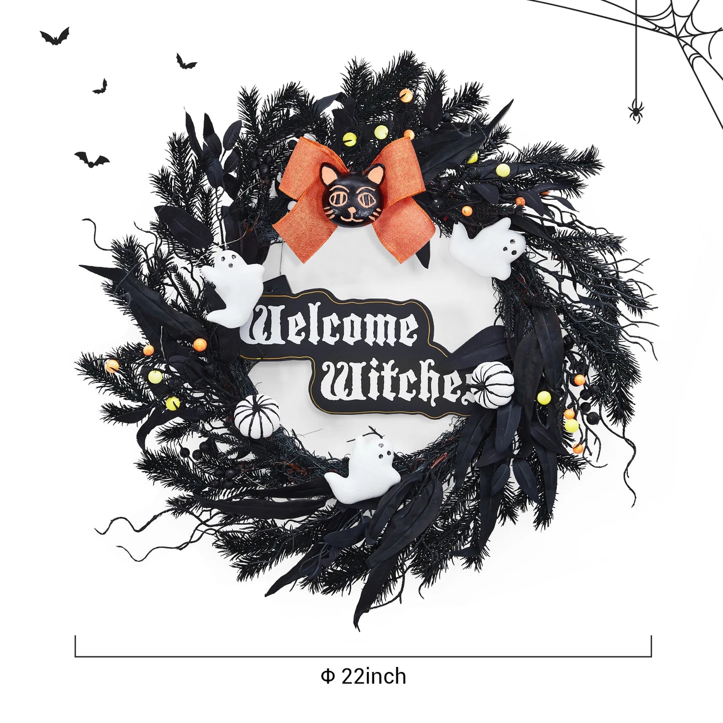 Halloween Wreath for Front Door 22 Inch Black Cat White Ghost Pumpkin and Welcome Witches Sign