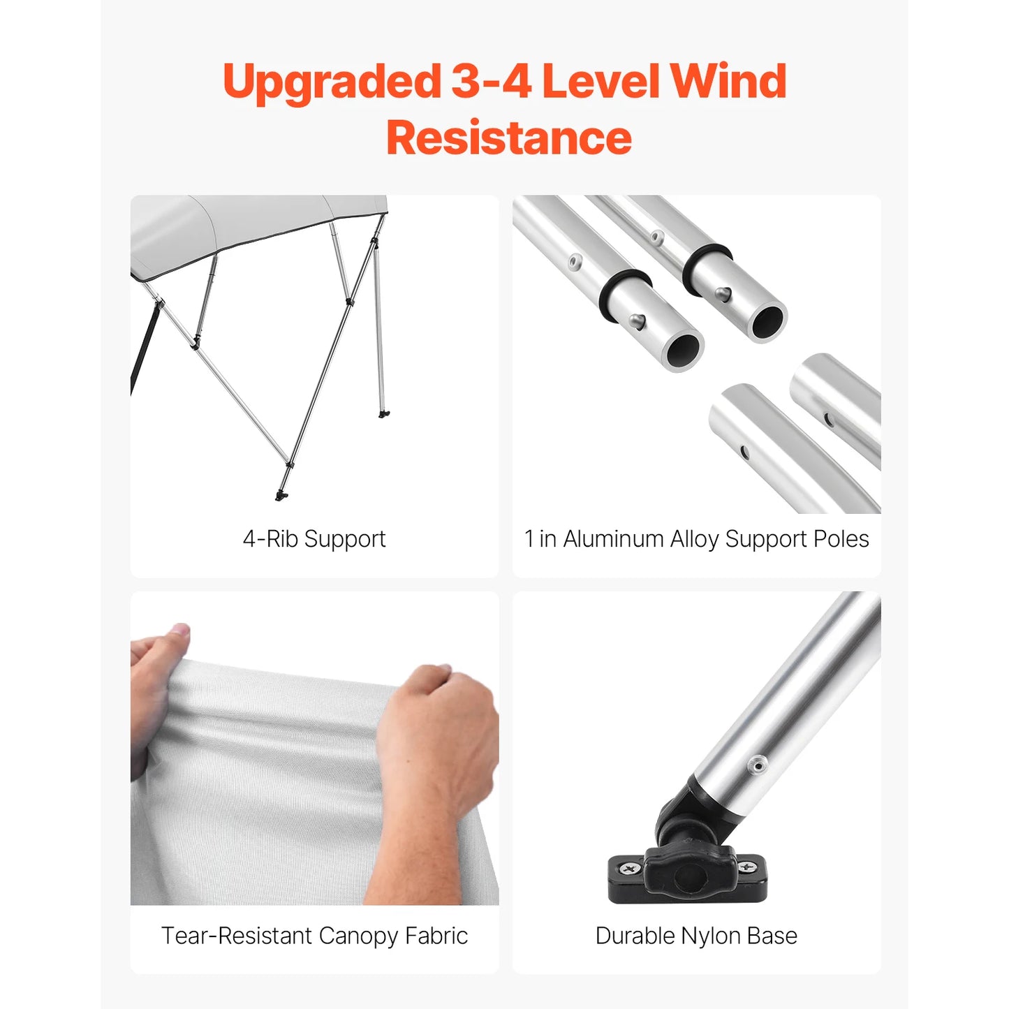 VEVOR 4 Bow Boat Bimini Tops 600D Polyester Canopy with Aluminum Alloy Frame Waterproof & Sun Shade Boat Awning Canopy Grey/Blue