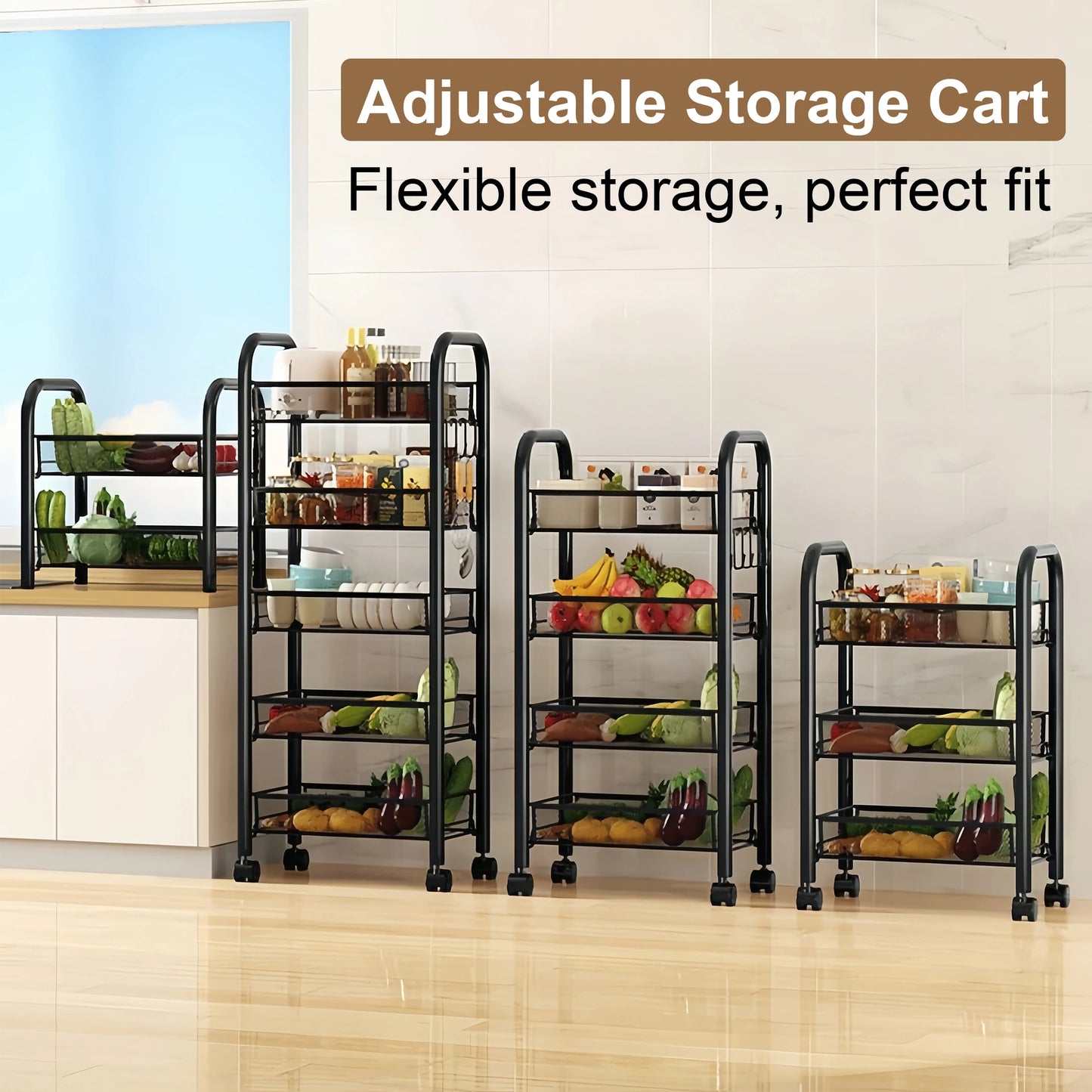 Multilayer Kitchen Storage Rack Metal Utility Cart Stackable with Wheels Multifunctional Shelf for Fruits and Vegetables