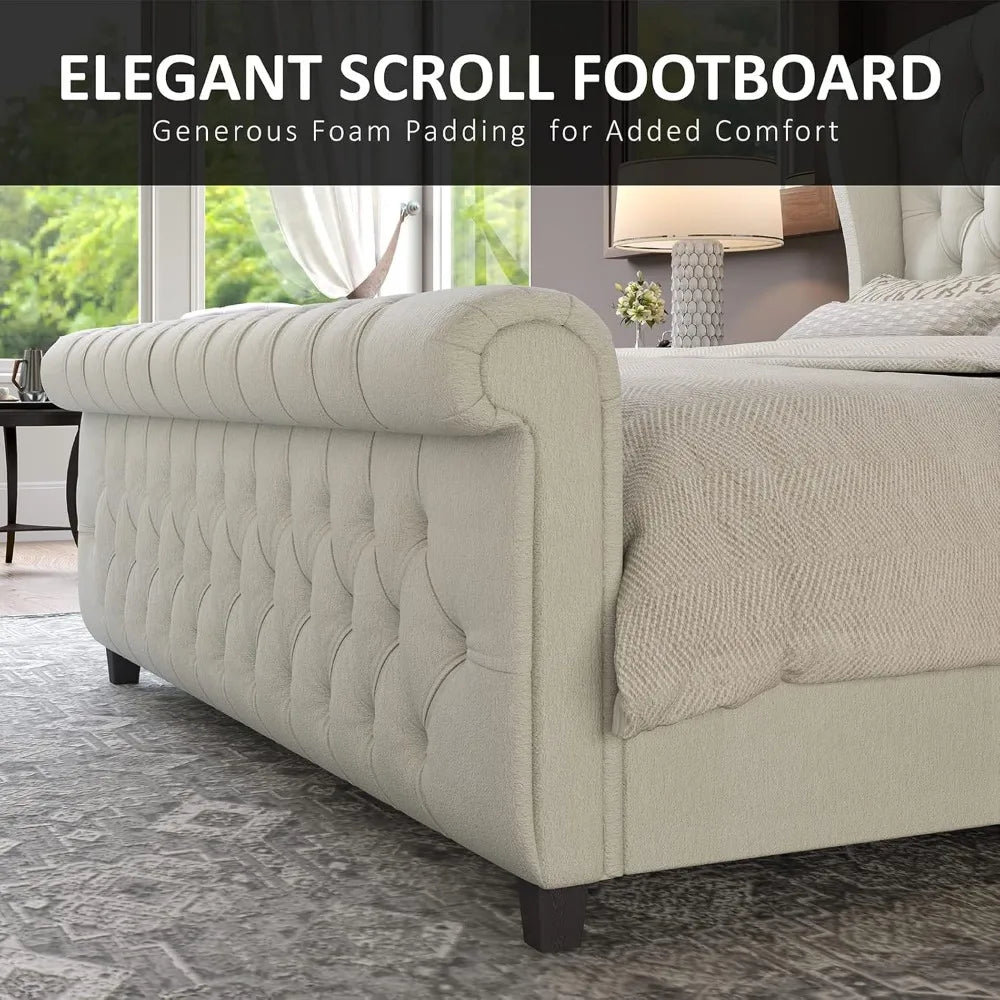 AMERLIFE Queen Size Platform Bed Frame: Chenille Upholstered Elegance with Scroll Wingback Headboard and Button Tufted Details
