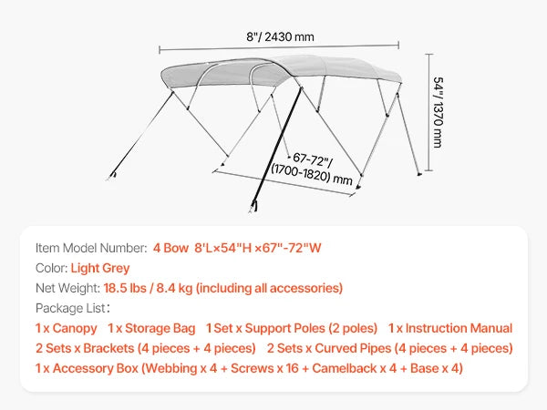 VEVOR 4 Bow Boat Bimini Tops 600D Polyester Canopy with Aluminum Alloy Frame Waterproof & Sun Shade Boat Awning Canopy Grey/Blue
