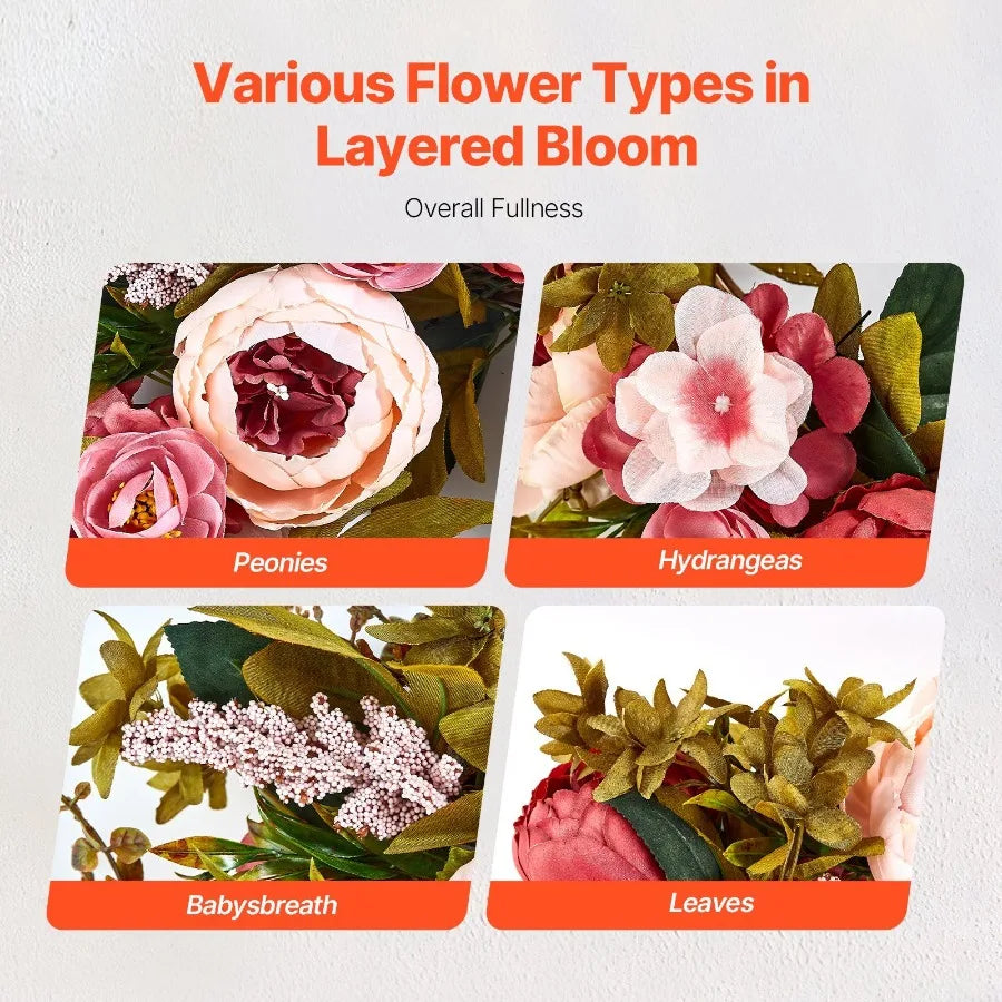 Artificial Drative Wreath 19 in Pink Peonies Hydrangeas Year Round Wreath