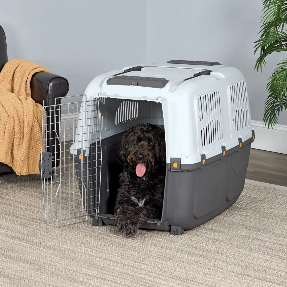 Large Portable Dog Cat Carrier Plastic Crate Travel Pet Kennel with Vents Handle Locking Door Easy Assembly Storage Compartment