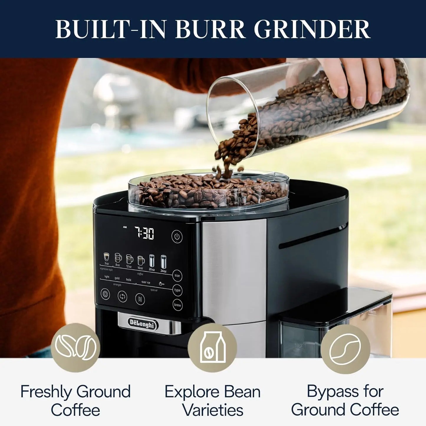 True Brew Drip Coffee Maker, Built in Grinder, Single Serve, 8 oz to 24 oz, Hot or Iced Coffee, Stainless, CAM51025MB