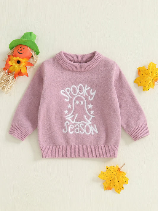 Infant Girls Knitted Sweater with Pumpkin Embroidery Crew Neck Long Sleeve Tops for Halloween Costume Party