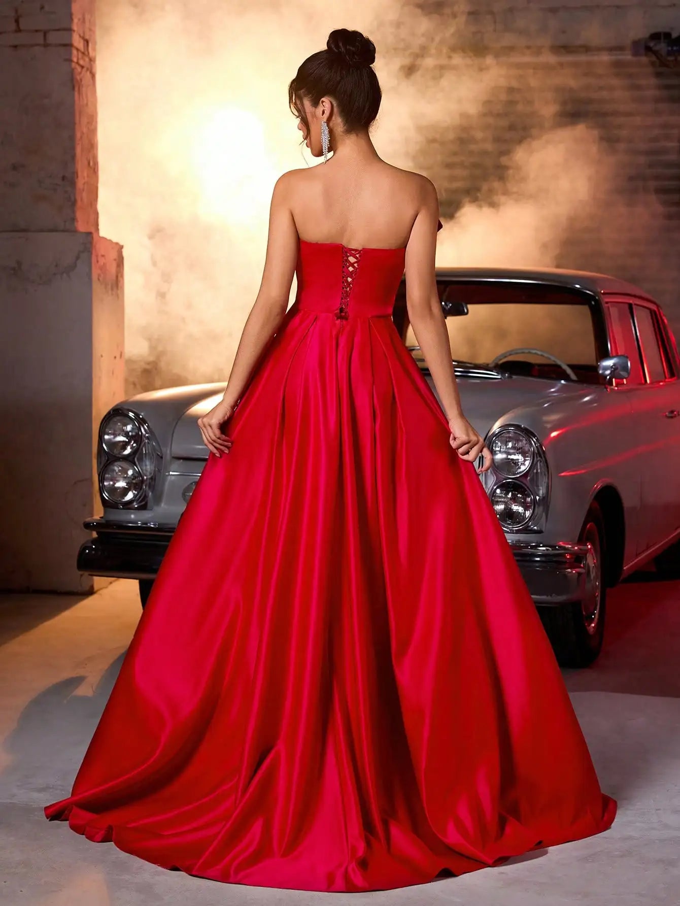 Red Satin One-Shoulder Maxi Dress with Large Bow & High Slit for Weddings, Parties, Evening Events