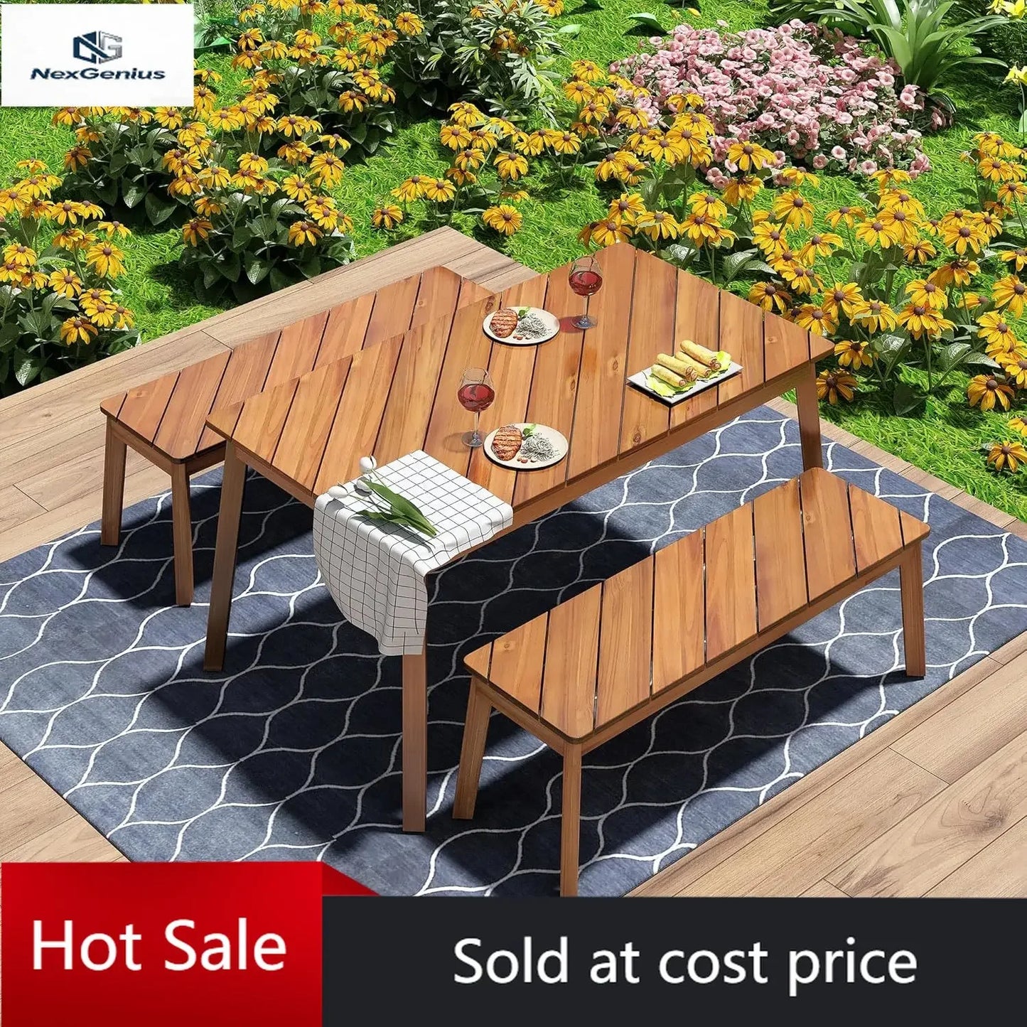 3 Pieces Acacia Wood Table with 2 Benches Dining Set Outdoor Indoor Furniture, Picnic Beer for Patio, Porch, Garden, Poolside -