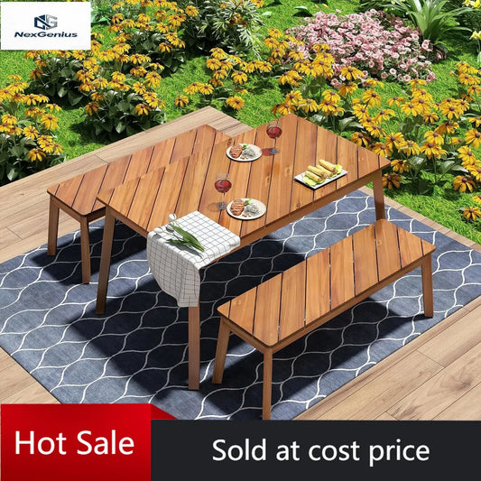 3 Pieces Acacia Wood Table with 2 Benches Dining Set Outdoor Indoor Furniture, Picnic Beer for Patio, Porch, Garden, Poolside -