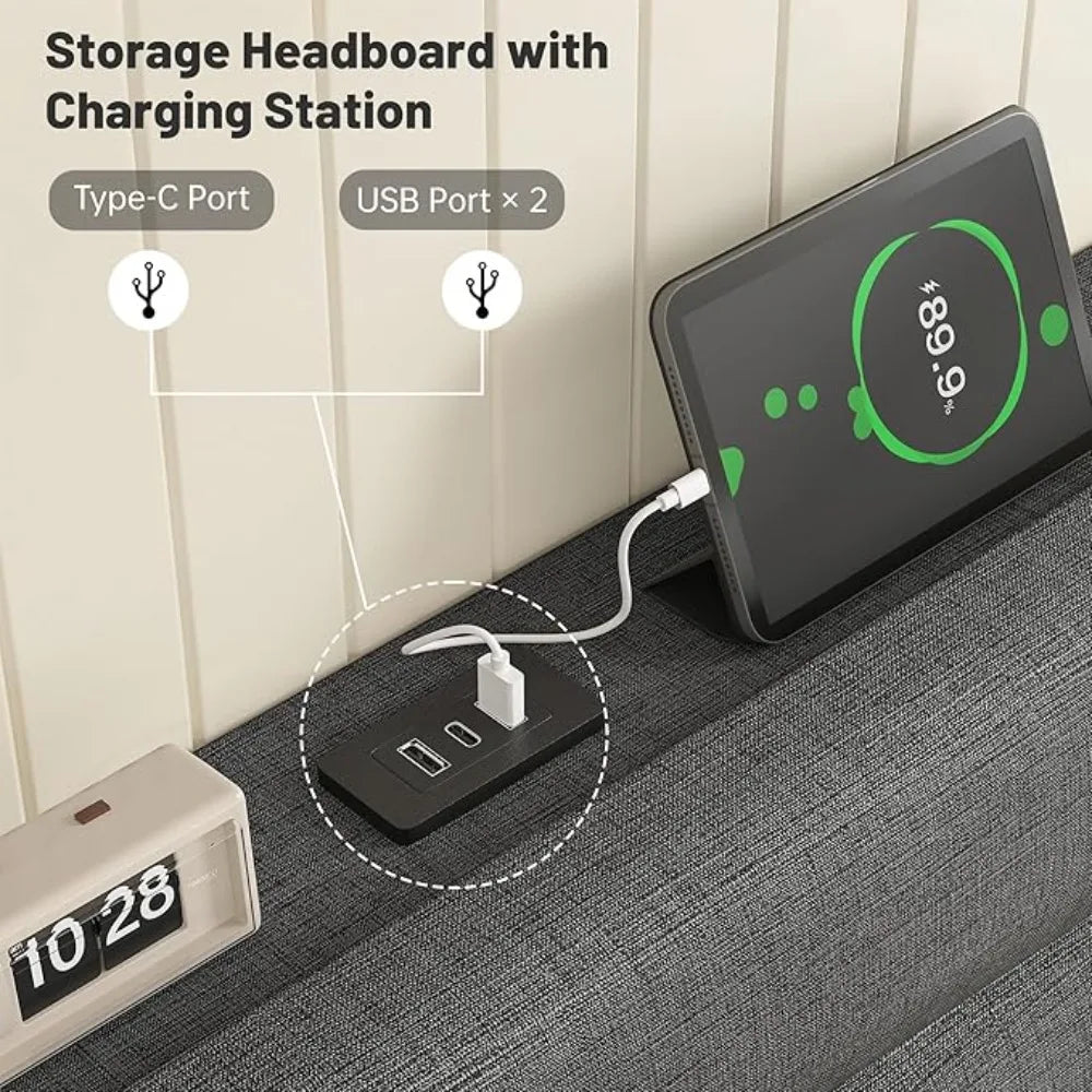 Queen Bed Frame w/Fabric Upholstered Headboard, Storage Headboard & Charging Station, Wooden Slats Support, No Box Spring Needed