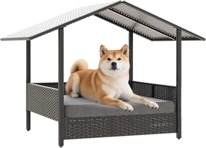 Wicker Dog Bed House for Small Medium Large Dogs Outdoor Indoor Rattan Pet Home Elevated Shelter Dog Bed with Cushion