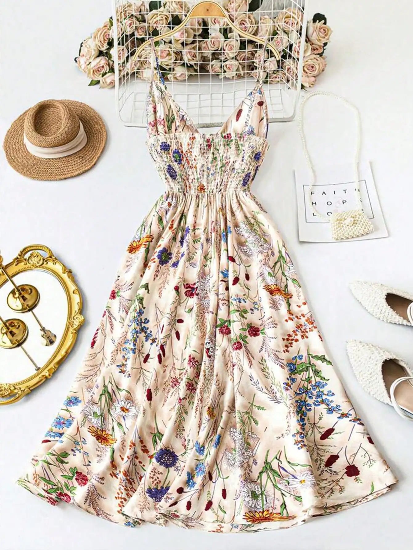 Women's Floral Print A-Line Dress with Spaghetti Straps and Tie Detail, Lightweight for Summer Vacation & Daily Wear