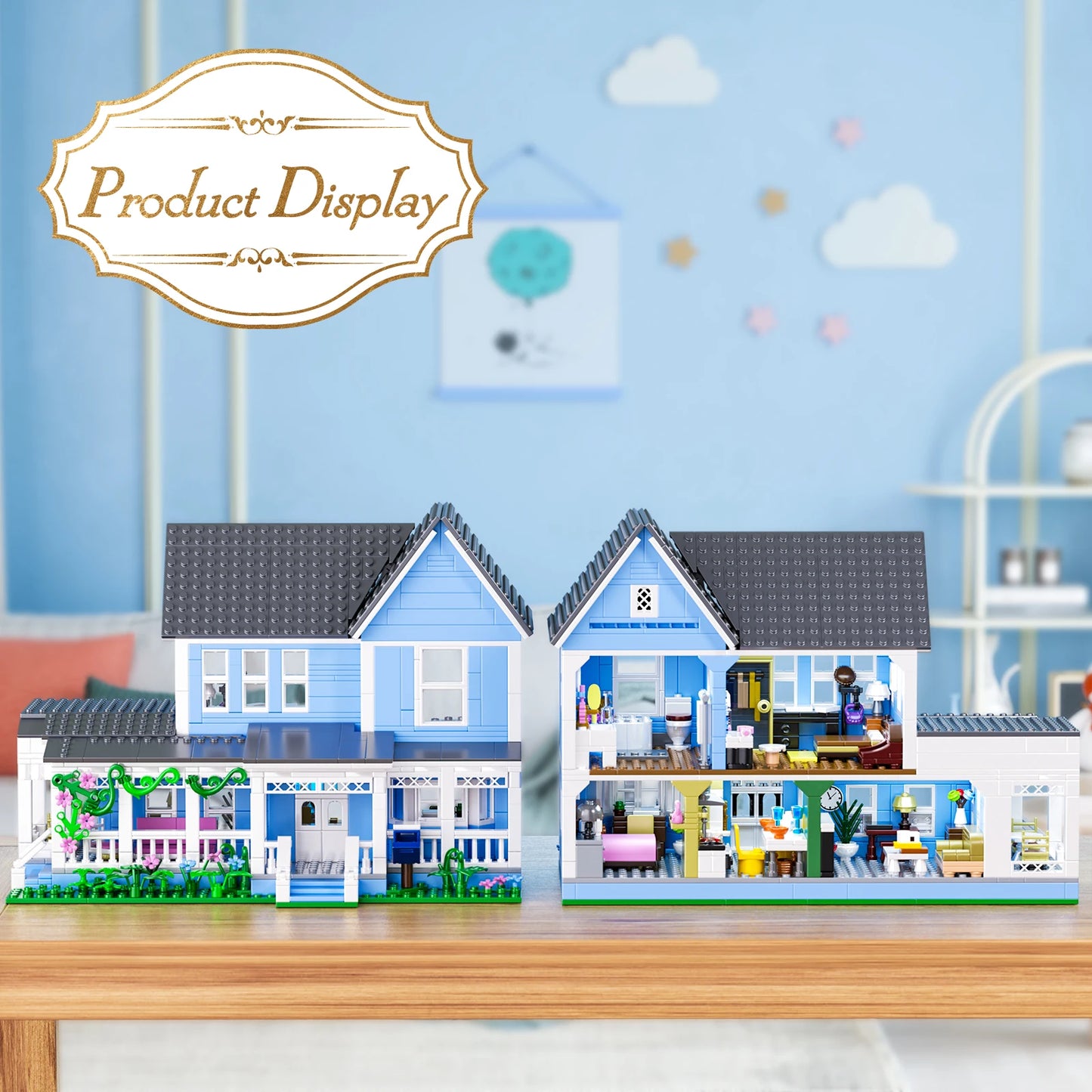 Blue Villa Palace Building Block Set Gilmoreed Girls House Apartment Cottage Architecture Model Bricks Gifts for Girls and Boys