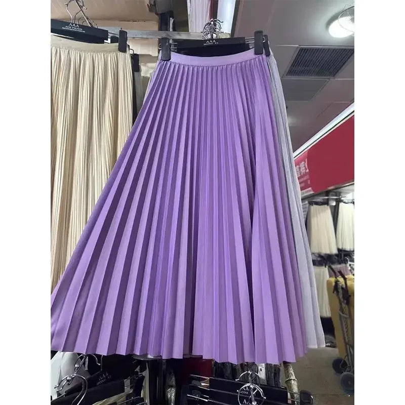 2025 Women Elegant Pleated Skirt High Waist Women Mid-long Skirt Female Ladies High Quality Women Midi Skirt Black Saia