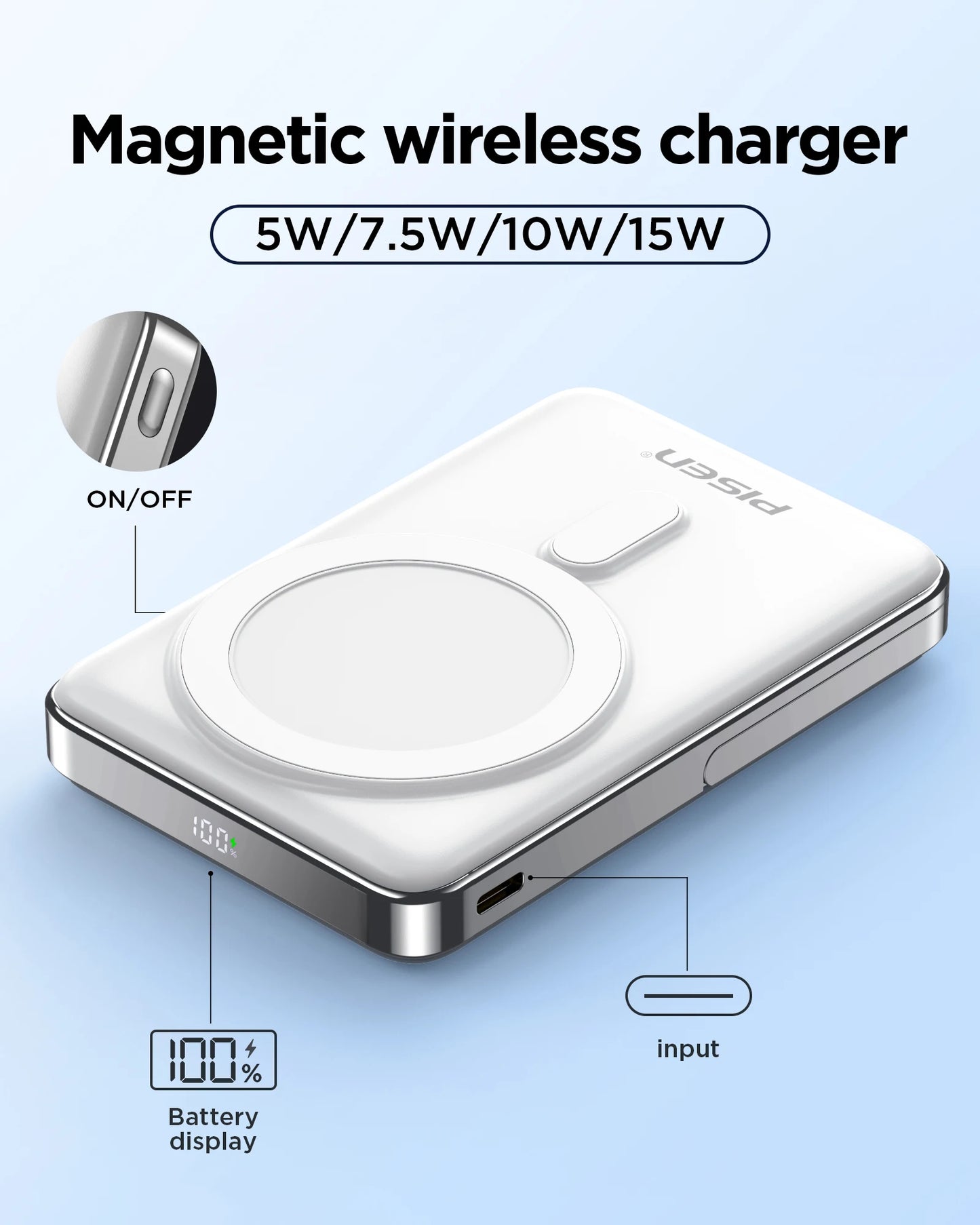 PISEN Magnetic Wireless Power Bank with Built in Stand MagSafe Compatible 30W USB C Fast Charging  for iPhone Samsung Huawei